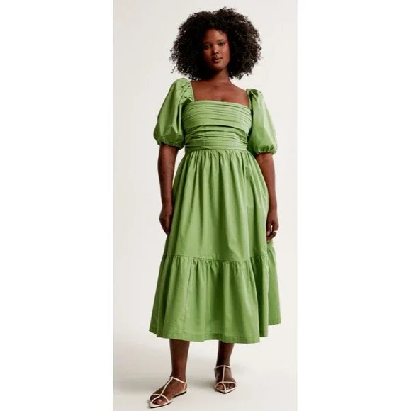Abercrombie & Fitch | Dresses | Abercrombie Fitch Midi Dress Women Small  Petite Emerson Green Puff Sleeve Poplin | Poshmark